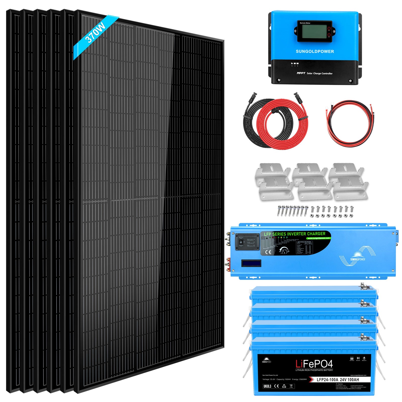 Off Grid Solar Kit 6000W 48VDC 120V/240V LifePO4 10.24KWH Lithium Battery 6 X 370 Watt Solar Panels SGK-PRO64