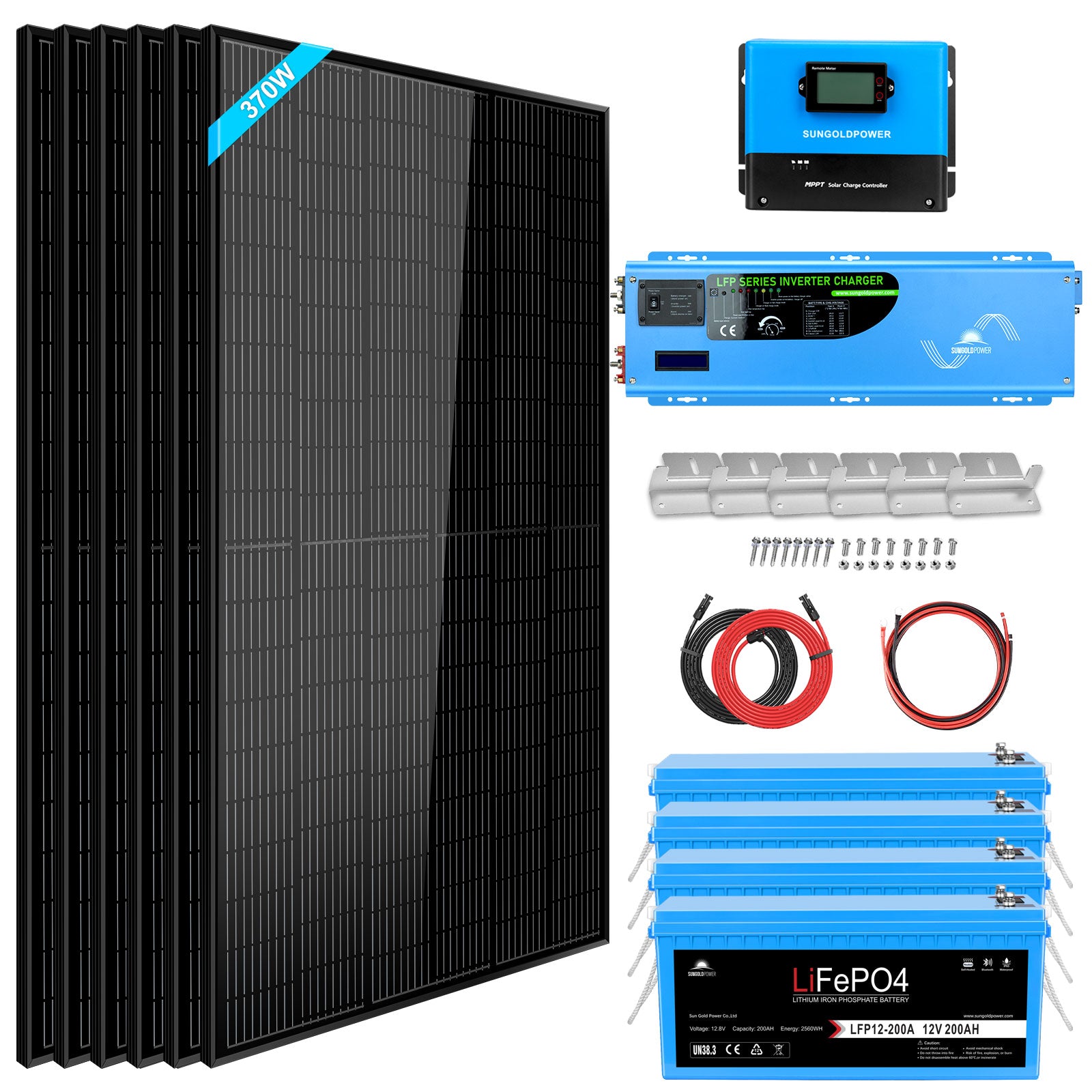 Off Grid Solar Kit 6000W 24VDC 120V/240V LiFePO4 10.24KWH Lithium Battery 6 X 370 Watt Solar Panels SGK-PRO62