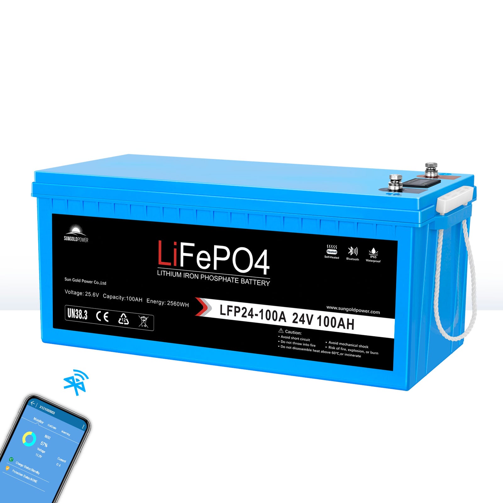 24V 100Ah LiFePo4 Deep Cycle Lithium Battery Bluetooth / Self-Heating / IP65