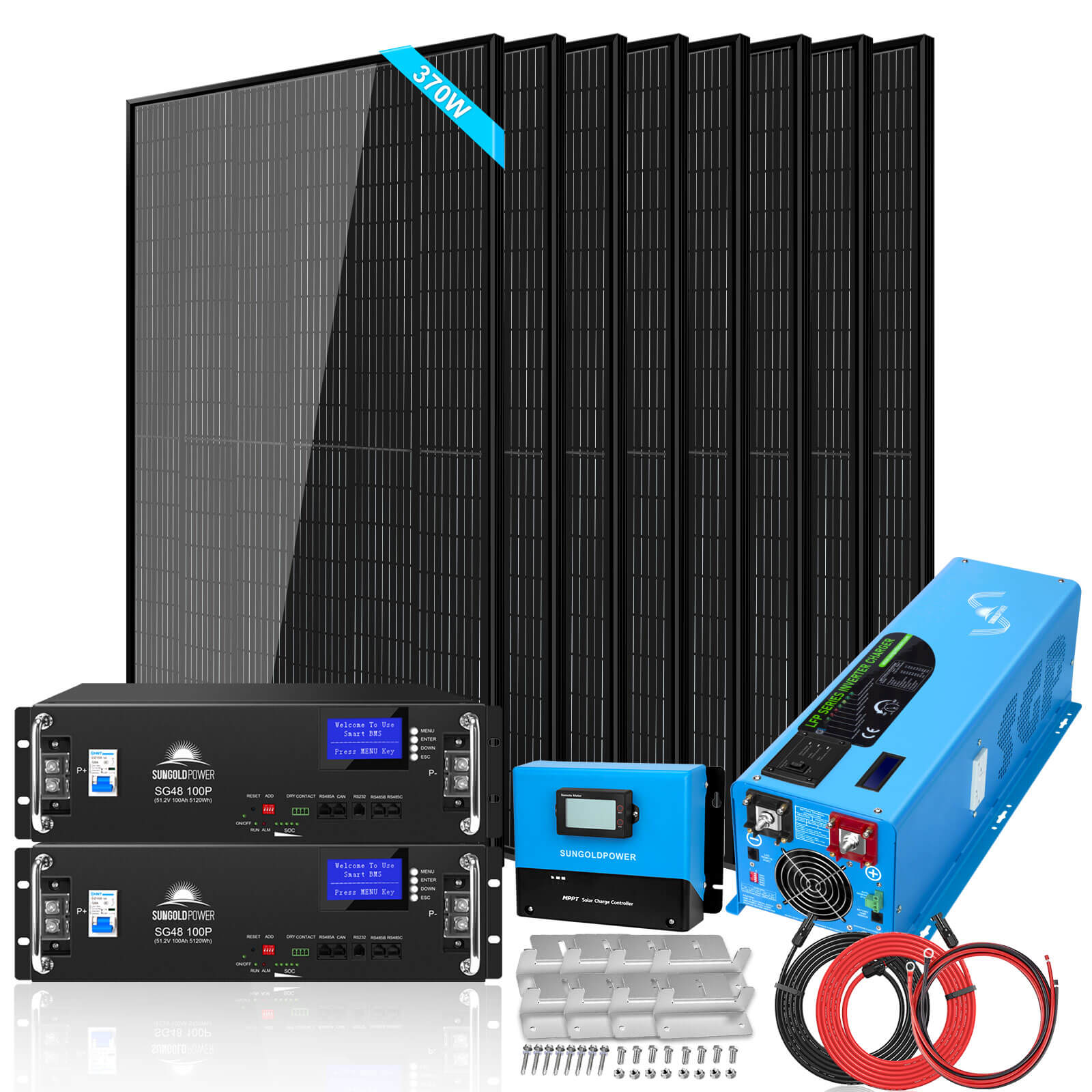 Off-Grid Solar Kit 6000W 48VDC 120V/240V LifePo4 10.48KWH Server Rack Lithium Battery 8 X 370 Watts Solar Panels SGR-6KL48C
