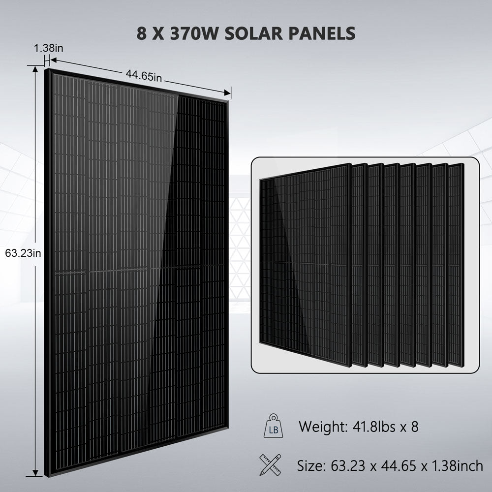 Off-Grid Solar Kit 6000W 48VDC 120V/240V LifePo4 10.48KWH Server Rack Lithium Battery 8 X 370 Watts Solar Panels SGR-6KL48C