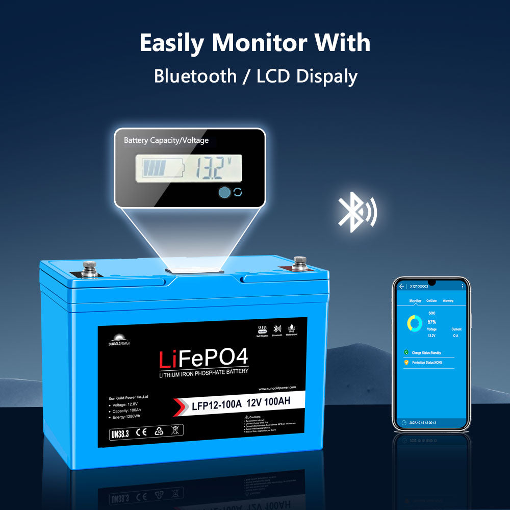 12V 100AH LIFEPO4 DEEP CYCLE BATTERY with BLUETOOTH, LCD, COLD TEMP  PROTECTION
