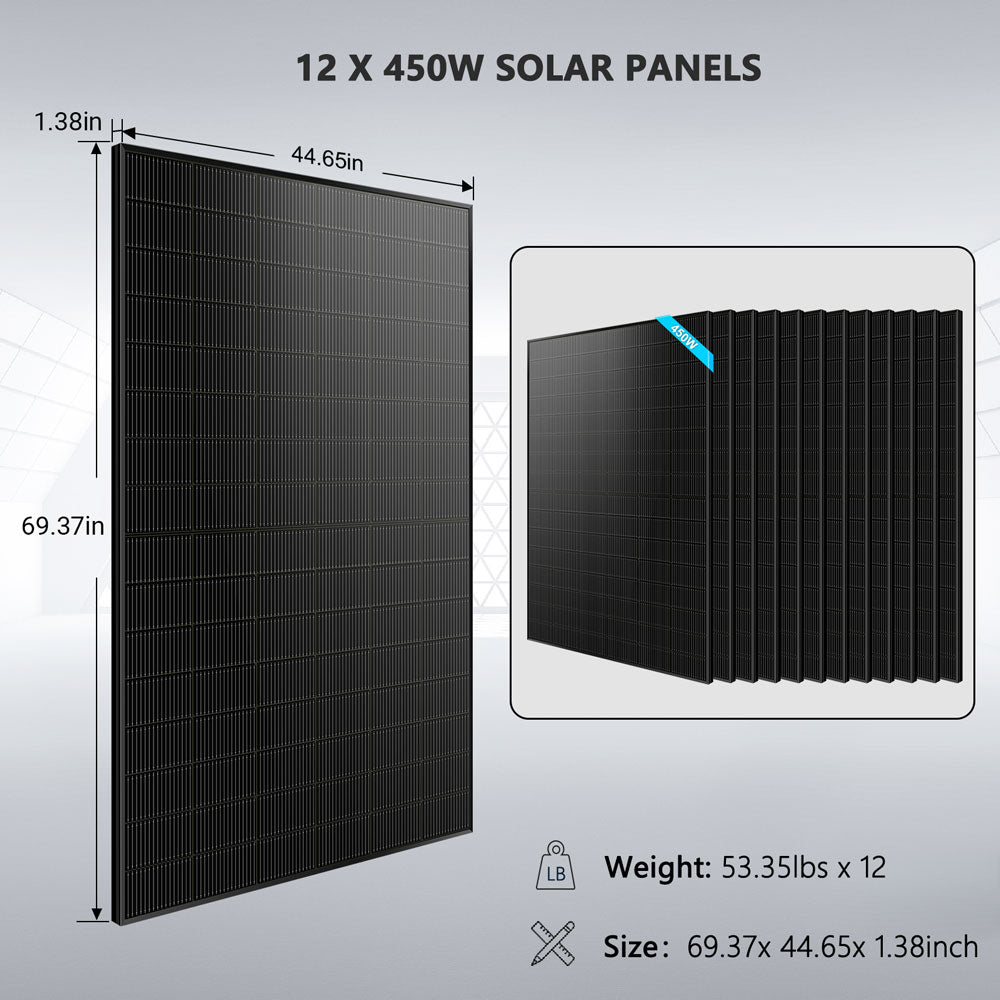 Off-Grid Solar Kit 10KW 48VDC 120V/240V LifePo4 20.48KWH Lithium Battery 12 X 450 Watts Solar Panels SGR-10K20E