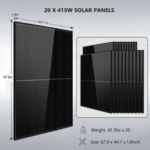 Complete Hybrid Solar Kit 10000W 48V 120V/240V output 20.48KWH Lithium Battery 8300 Watt Solar Panel