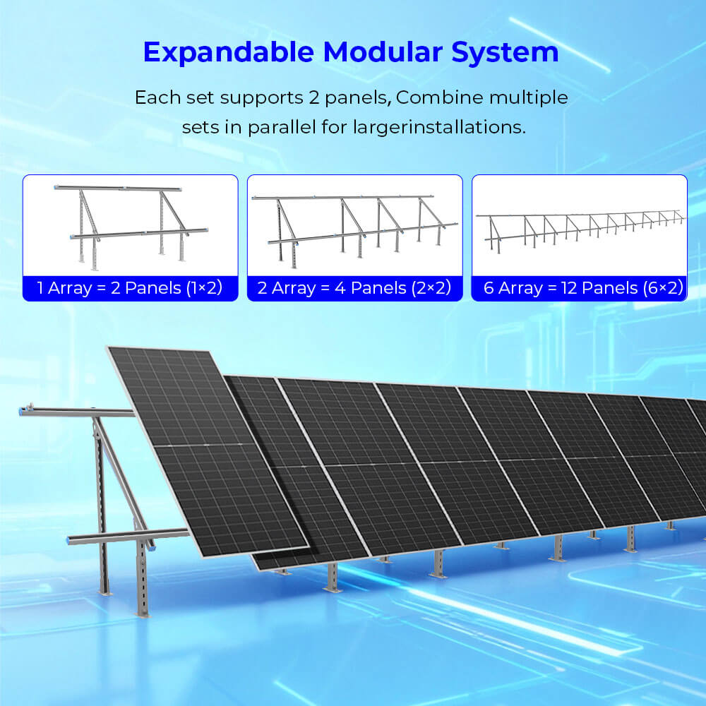 Modular & Expandable Ground Mount Brackets for 2× 400W–590W Solar Panels | Heavy-Duty Adjustable