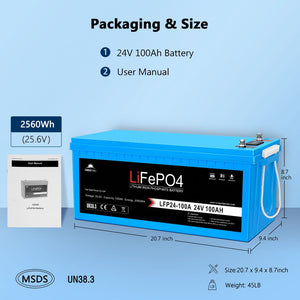 24V 100Ah LiFePo4 Deep Cycle Lithium Battery Bluetooth / Self-Heating / IP65