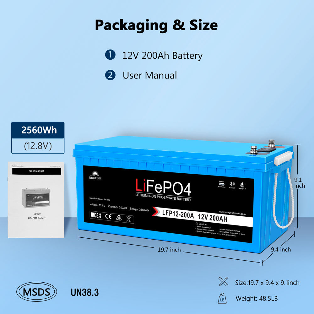 Sungoldpower 12V 200Ah LiFePO4 Deep Cycle Lithium Battery / Bluetooth / Self-heating / IP65