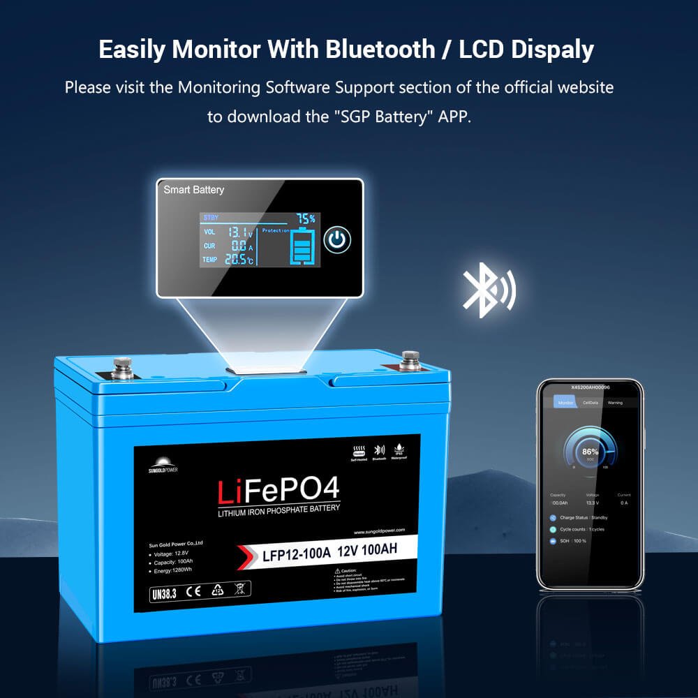12V 100Ah/ 200Ah LiFePo4 Deep Cycle Lithium Battery Bluetooth / Self-Heating / IP65