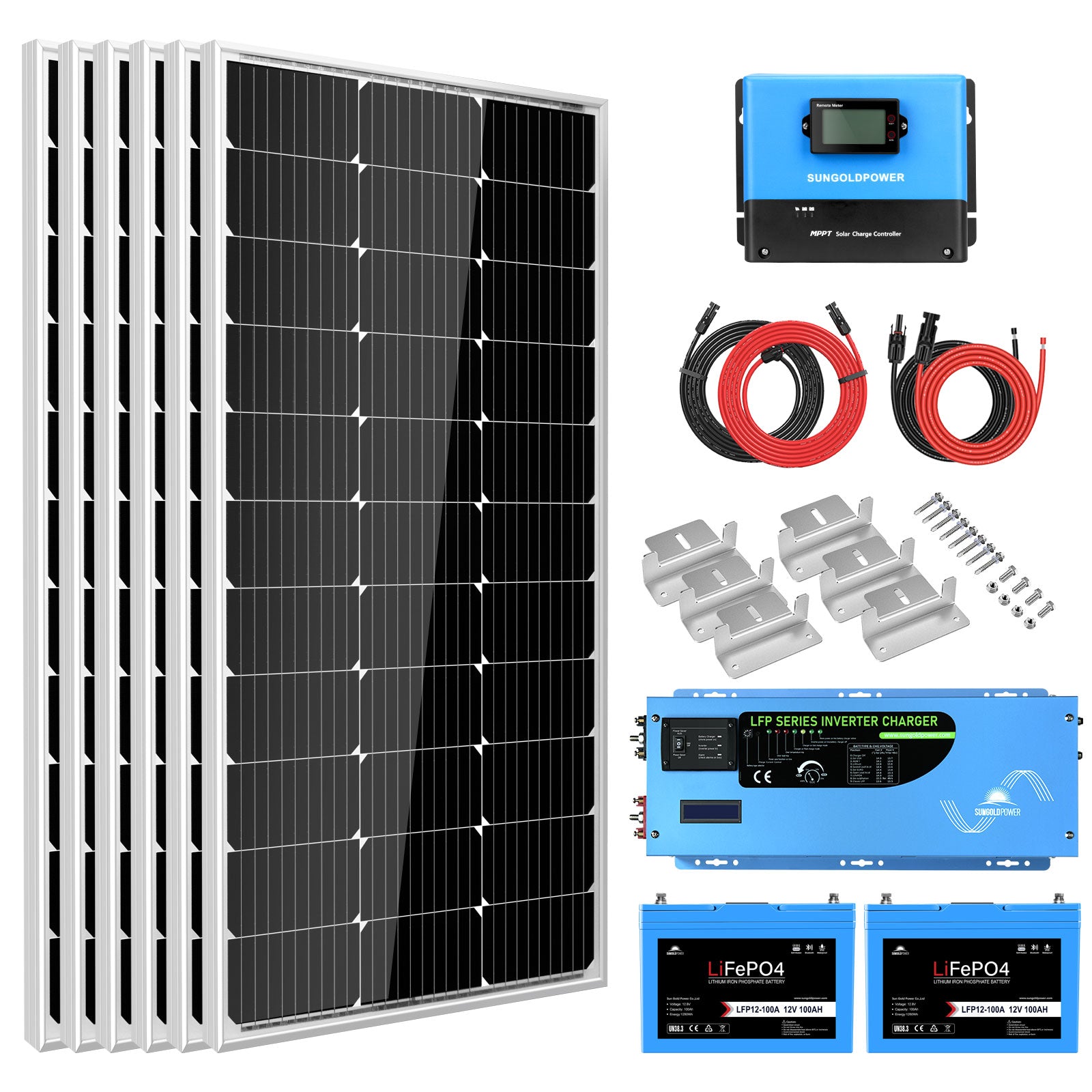 Sungold Power Off Grid Solar Kit 3000W Inverter 12VDC 120V Output LiFePO4 Battery 600 Watt Solar Back Up 100Ah