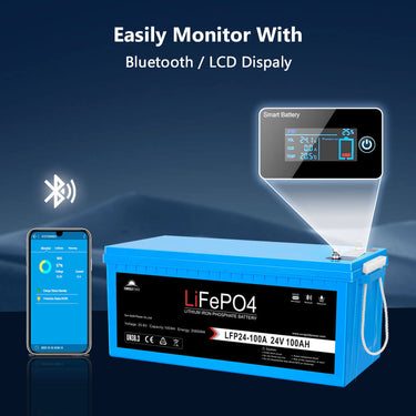 24V 100Ah LiFePo4 Deep Cycle Lithium Battery Bluetooth / Self-Heating / IP65