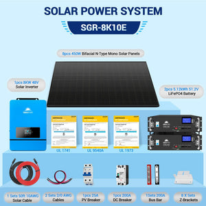 Off-Grid Solar Kit 8000W 48VDC 120V/240V LifePo4 10.24KWH-16.07KWH Lithium Battery 8 X 450 Watts Solar Panels SGR-8K10E
