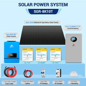Off-Grid Solar Kit 8000W 48VDC 120V/240V LifePo4 10.24KWH-16.07KWH Lithium Battery 8 X 450 Watts Solar Panels SGR-8K10E