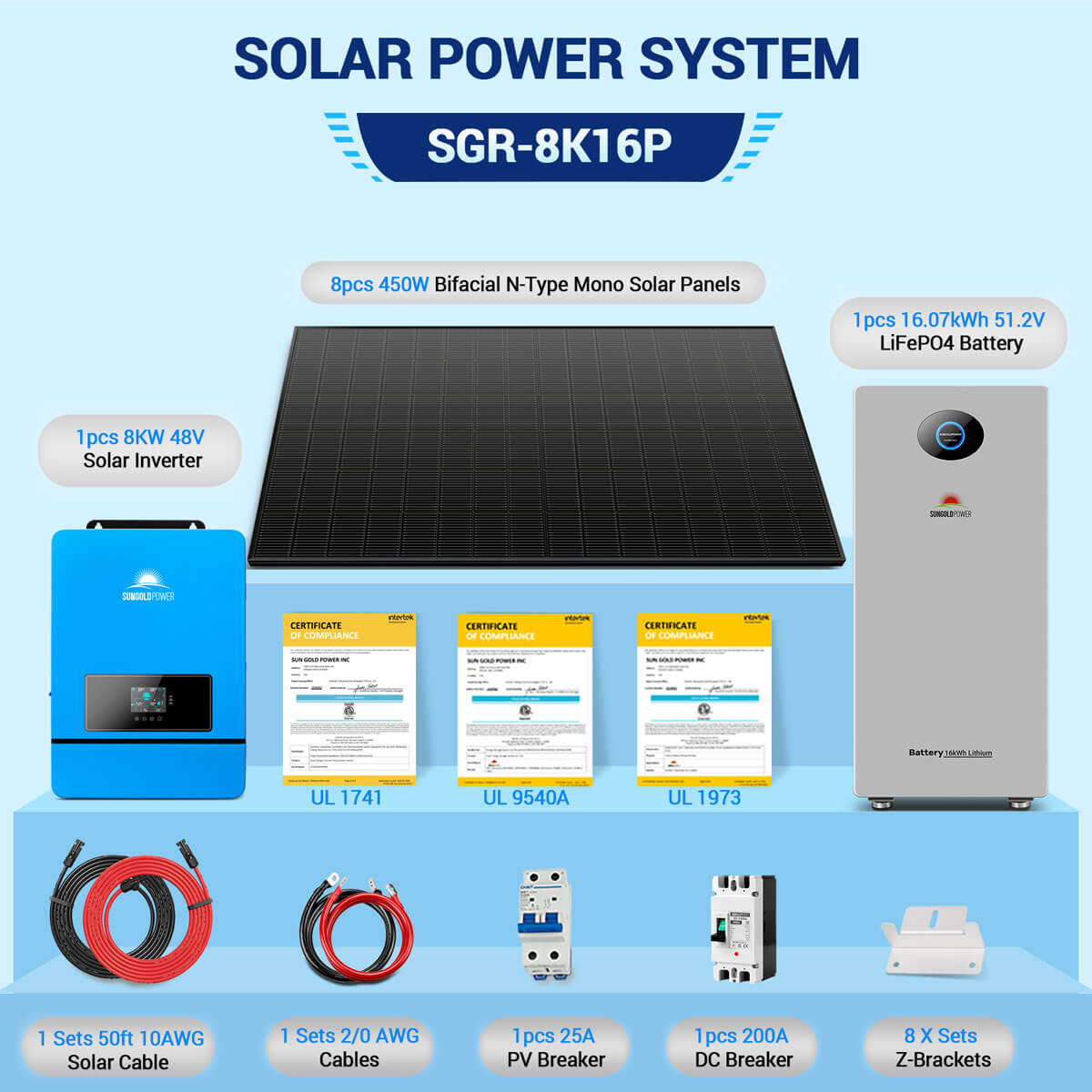 Off-Grid Solar Kit 8000W 48VDC 120V/240V LifePo4 10.24KWH-16.07KWH Lithium Battery 8 X 450 Watts Solar Panels SGR-8K10E