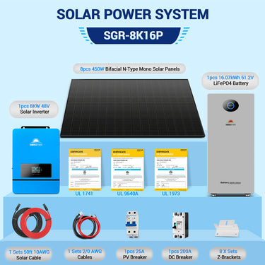 Off-Grid Solar Kit 8000W 48VDC 120V/240V LifePo4 10.24KWH-16.07KWH Lithium Battery 8 X 450 Watts Solar Panels SGR-8K10E