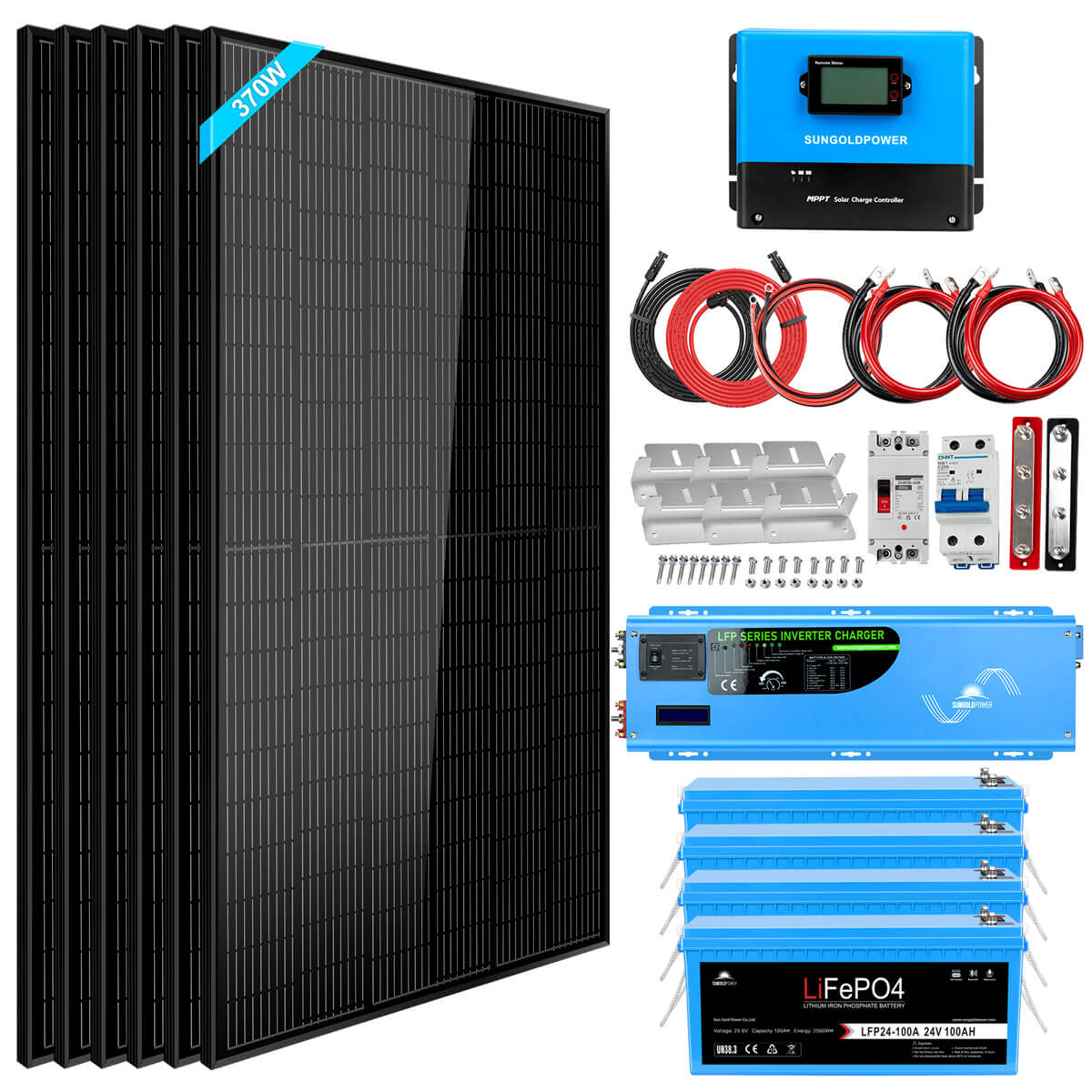 Off Grid Solar Kit 6000W 24/ 48VDC 120V/240V LifePO4 10.24KWH Lithium Battery 6 X 370 Watt Solar Panels SGK-PRO64/ SGK-PRO62