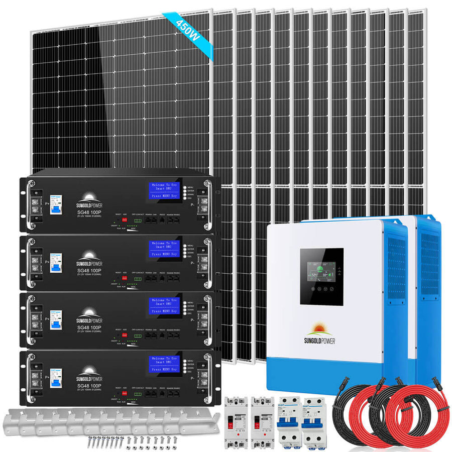 Sungoldpower Off Grid Solar Kit 10000W 48VDC 120V/240V LifePO4 20.48KWH Lithium Battery 12 X 450 Watts Solar Panels SGR-10K2M