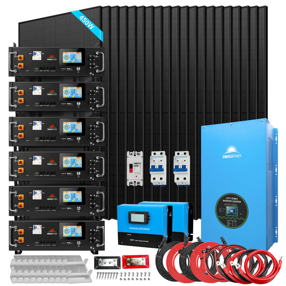 Off-Grid Solar Kits 12kW/15kW/18kW Options 120V/240V with 48v LiFePO4 Lithium Batteries & 450 Watts Solar Panels SGR-18K20E