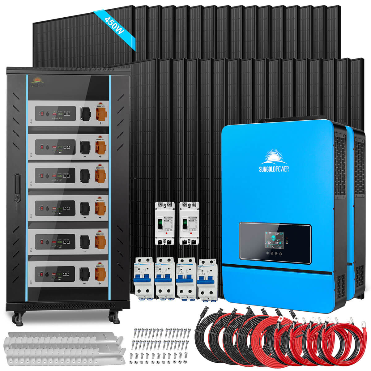 OFF GRID SOLAR KIT 20KW 48VDC 120V/240V LIFEPO4 30.72KWH-32.14KWH LITHIUM BATTERY 32 X 450 WATTS SOLAR PANELS SGR-20K30E