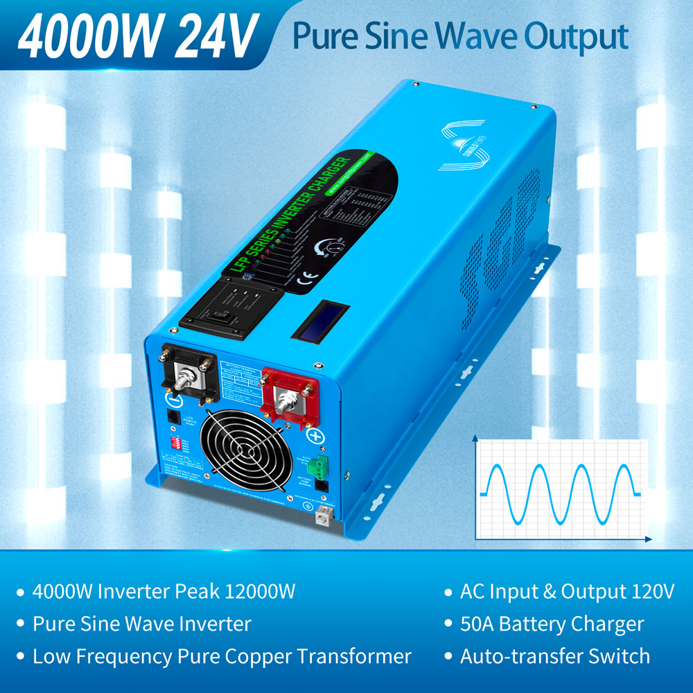 Sungoldpower 4000W Inverter Charger, DC 24V Pure Sine Wave Inverter with Charger, 120V / 120V / Inverter+ 2*24V 100Ah Battery