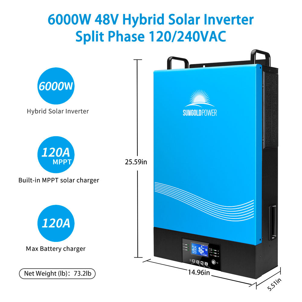 6000W 48V Hybrid Solar Inverter Grid Tie Inverter for Solar Panel Split  Phase 120/240VAC (Grid Feedback & Batteryless) - SunGoldPower